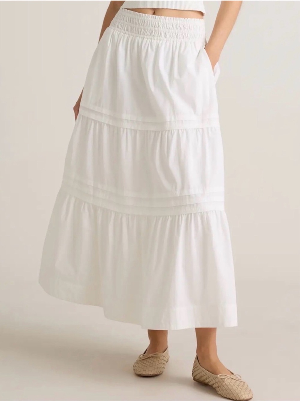 Quince White Tiered Maxi Skirt with Shirred Waist Sz Medium Cotton